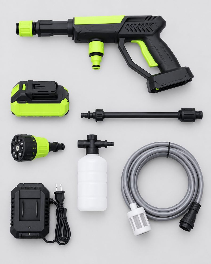 Blastline kit laid out: washer gun, battery, lance, 6-in-1 nozzle, foam cannon and intake hose