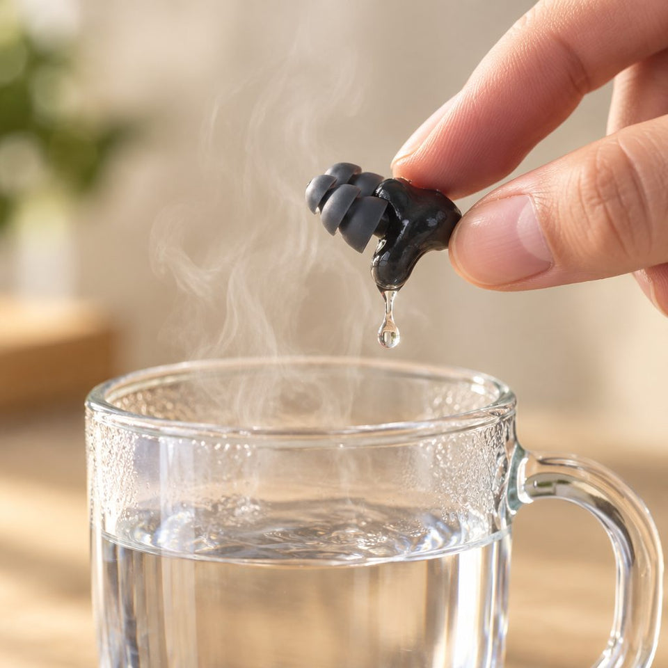 Softened Fitplug mold lifted from a steaming cup with a sealing tip clipped on