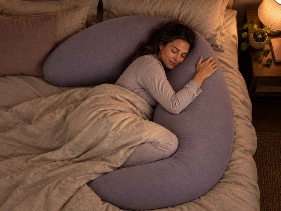 Person hugging the pillow at night under a warm bedside lamp
