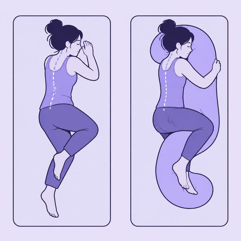 Illustration comparing a side sleeper twisted on a flat bed with the same sleeper aligned inside the pillow
