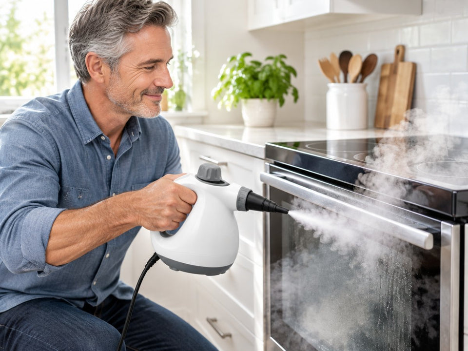 Steaming a stovetop and oven door in a bright kitchen