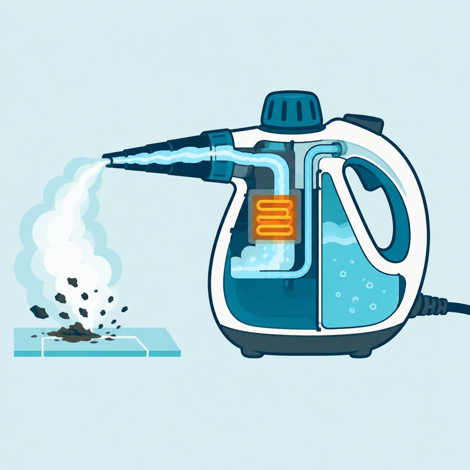 Cutaway diagram of the steam cleaner: tank, heating chamber, nozzle and steam lifting grime
