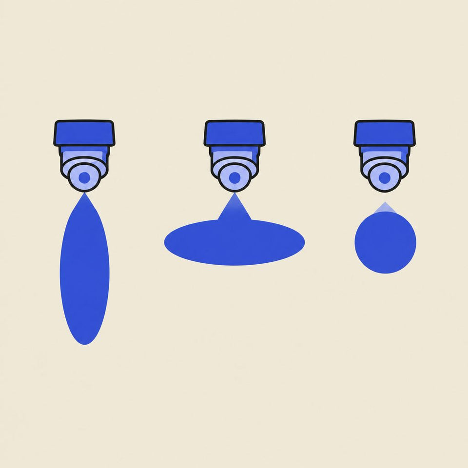 Diagram of the three spray patterns: vertical fan, horizontal fan and round spot