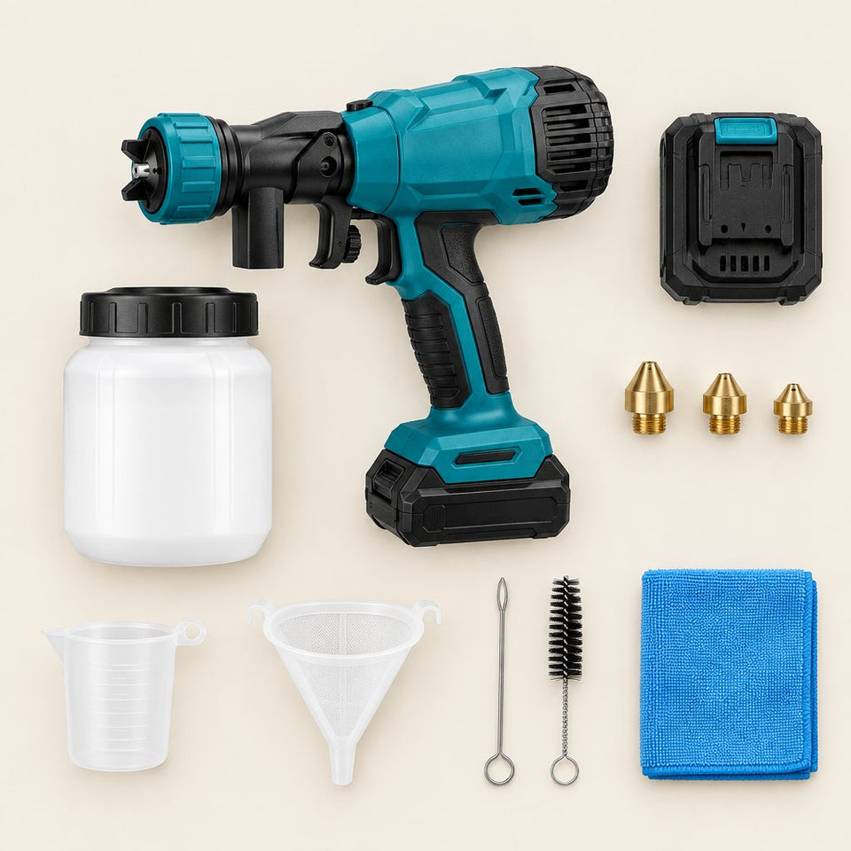 Sprayerly kit: sprayer, detached paint cup, battery, three nozzle tips, viscosity cup, strainer, cleaning needle and brush