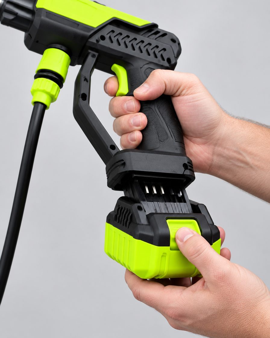Close-up of the 21V battery clicking into the grip of the washer gun