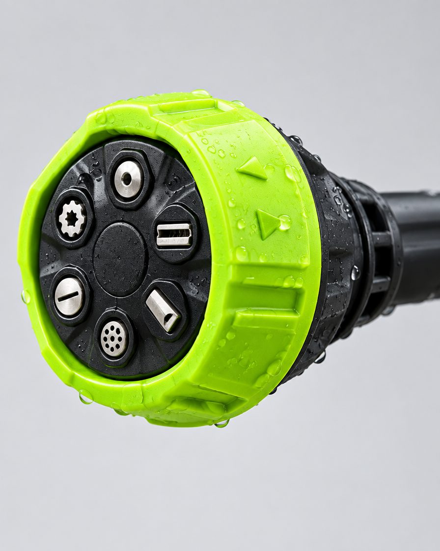 Close-up of the 6-in-1 rotating nozzle head on the lance
