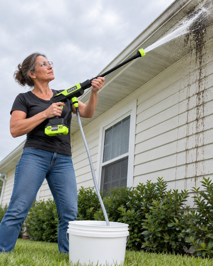 Spraying grime off the eaves and gutter of a house with no hose in sight