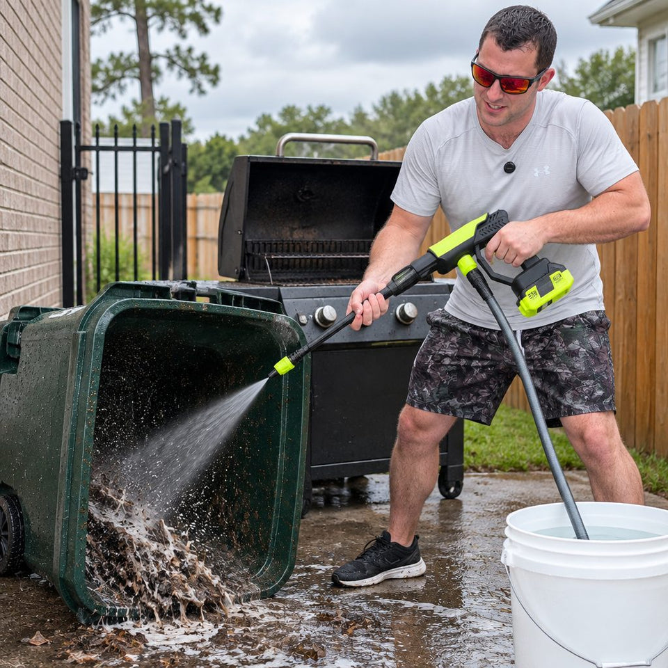 Rinsing trash bins and a grill by the side gate