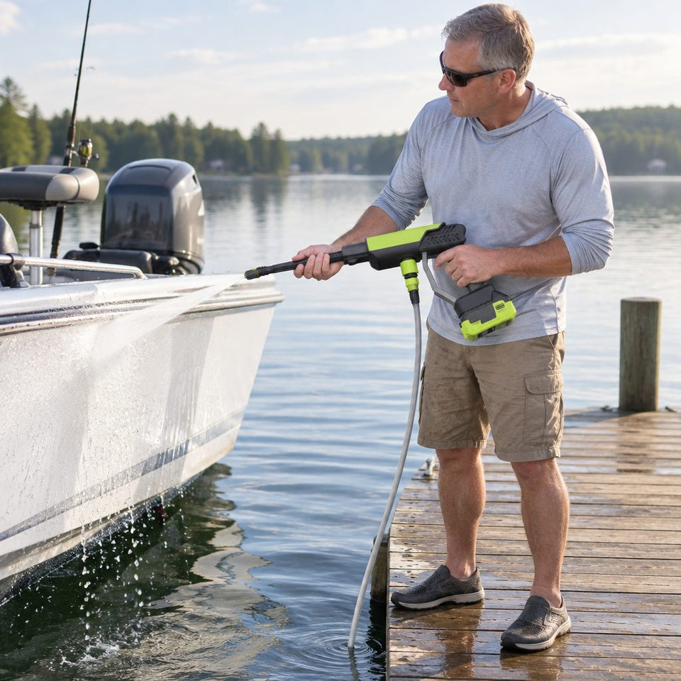 Washing a boat at a lake dock with the intake hose in the lake