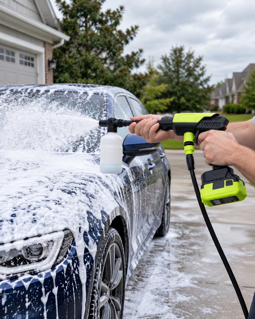Foam cannon bottle attached to the gun, covering a car in thick white foam