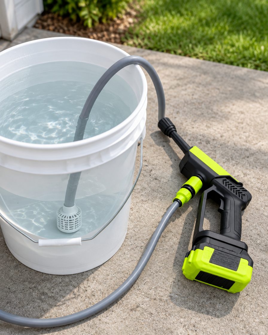 Intake hose filter submerged in a bucket of water next to the gun