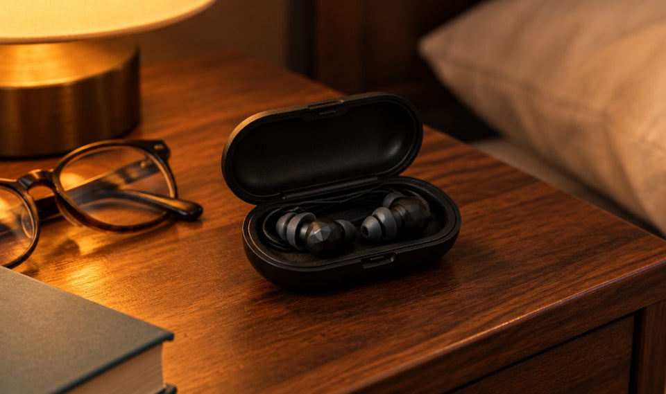 Two molded Fitplugs and lanyard in the open hard case on a nightstand