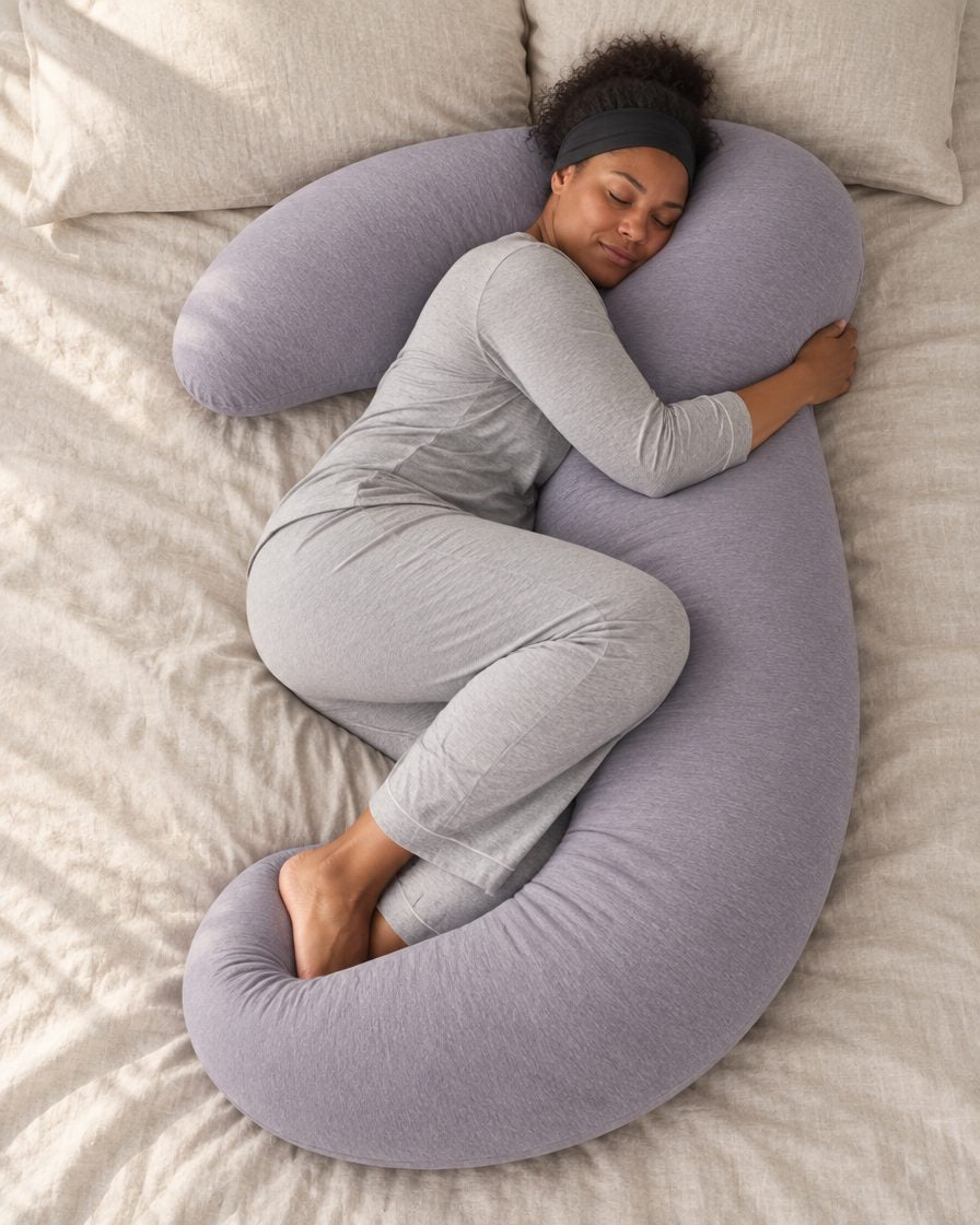 Woman curled on her side inside the C-shaped Curlnest pillow, seen from above on a neutral bed