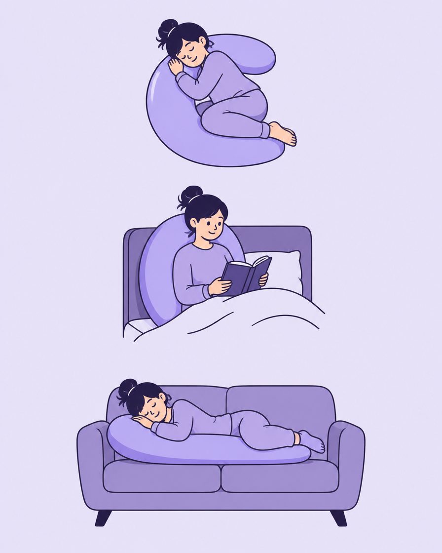 Illustrated guide to the three positions: side curl, propped, lounge