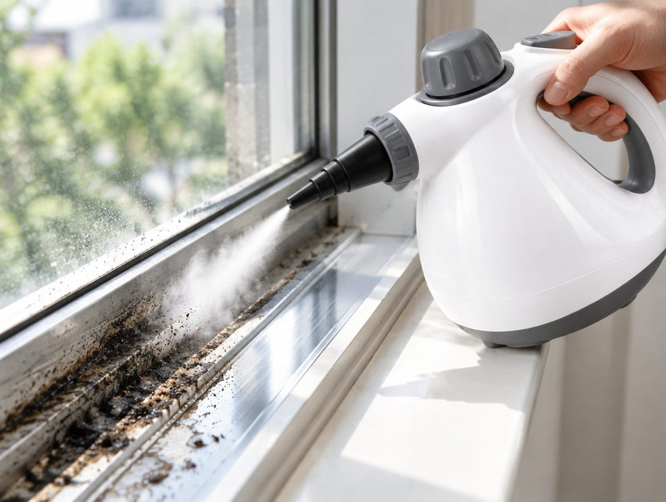 Jet nozzle blasting grime out of a window track
