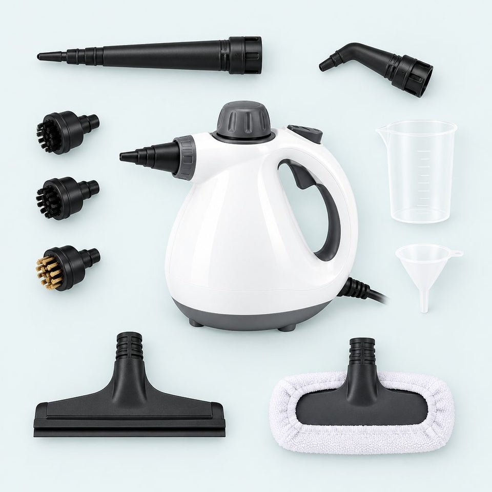 Cleanerwise with its attachments: jet nozzle, angled nozzle, brushes, squeegee, fabric pad, cup and funnel
