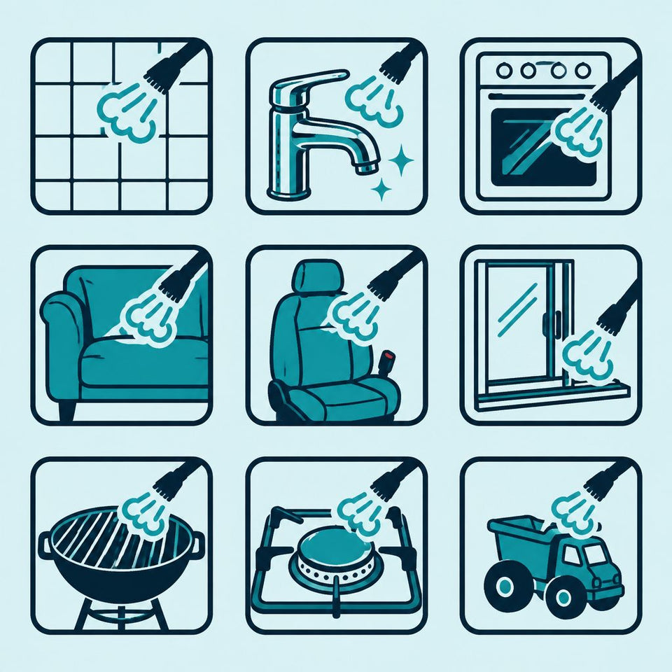 Icons of the surfaces Cleanerwise cleans: tile, faucet, oven, sofa, car seat, window track, grill, stovetop, toys
