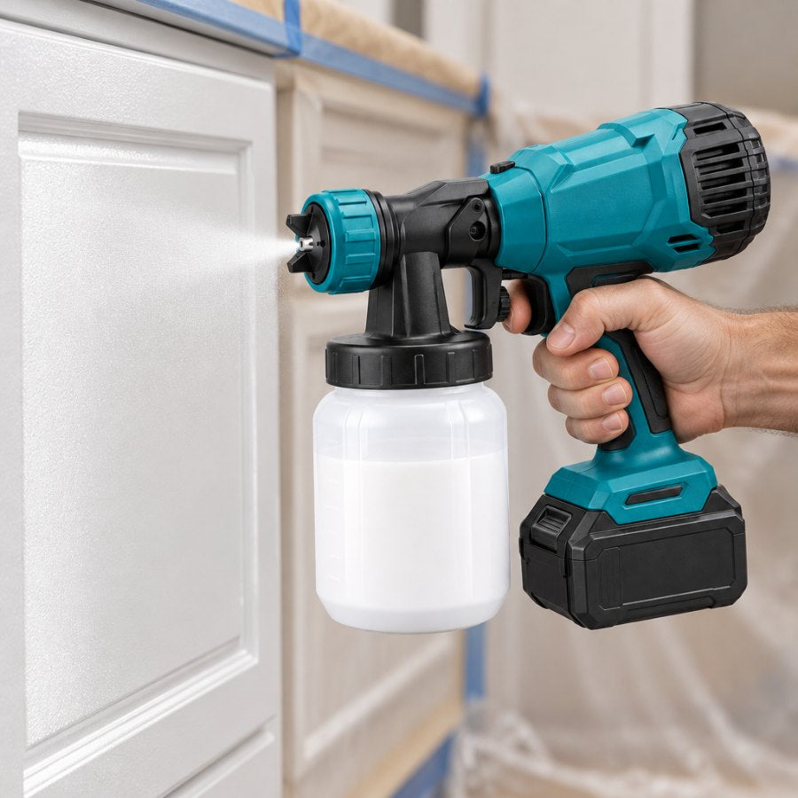 Fine paint mist leaving an even coat on a cabinet door