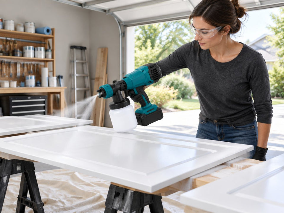 Spraying kitchen cabinet doors in a garage workshop