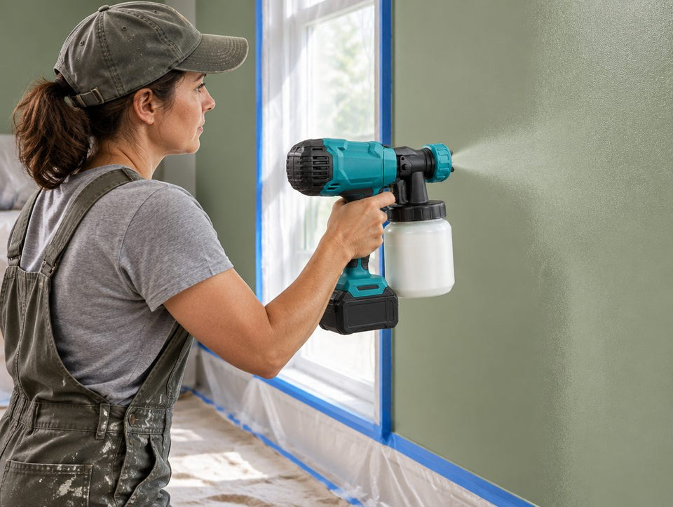 Spraying an interior wall with trim masked in painter’s tape