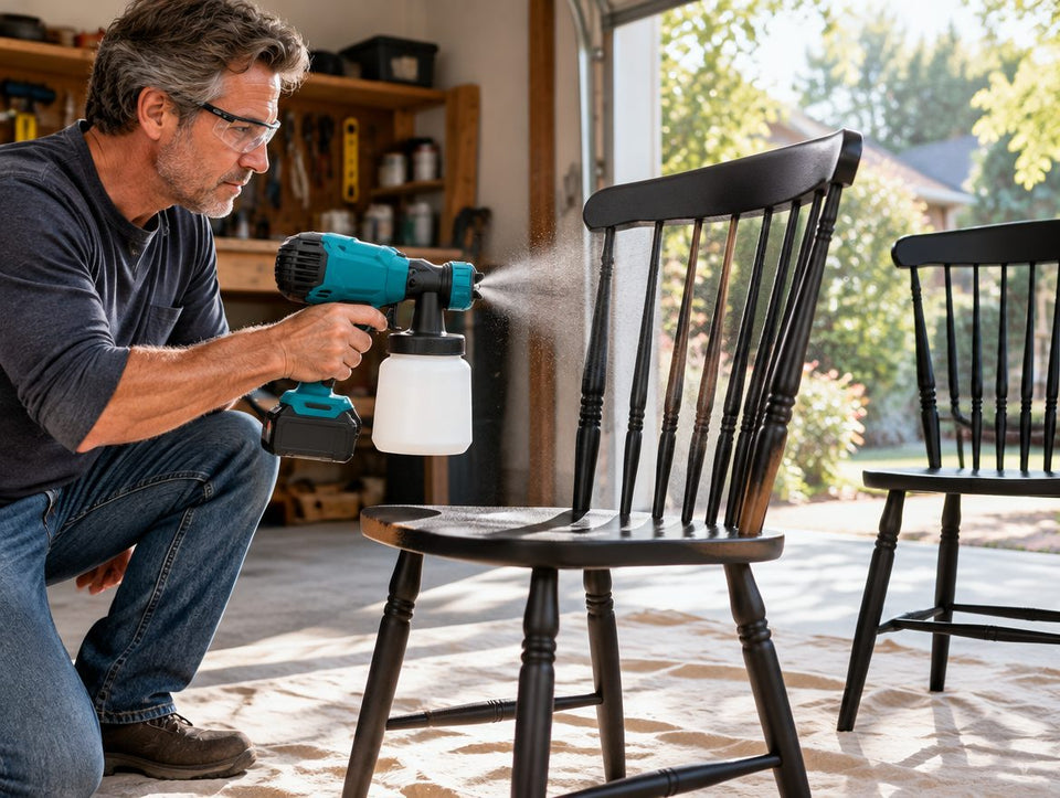 Spraying dining chairs with turned spindles in a garage workshop