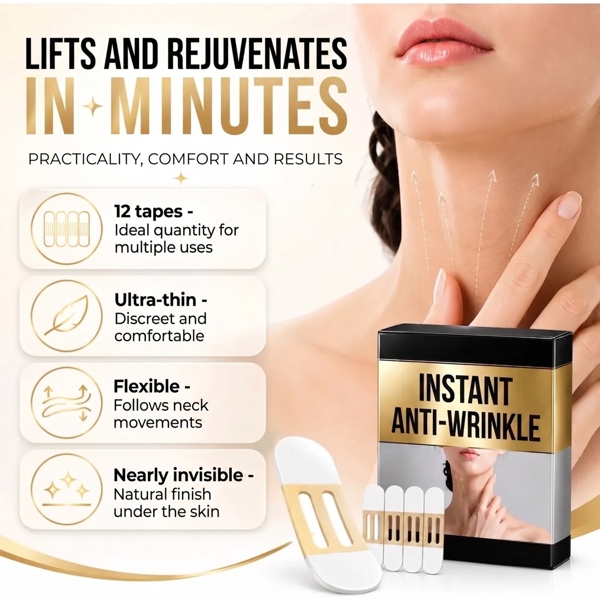Invisible Neck & Jawline Lift Strips - Instant Contour Effect - 60 Strips + Hairstyle Guide
