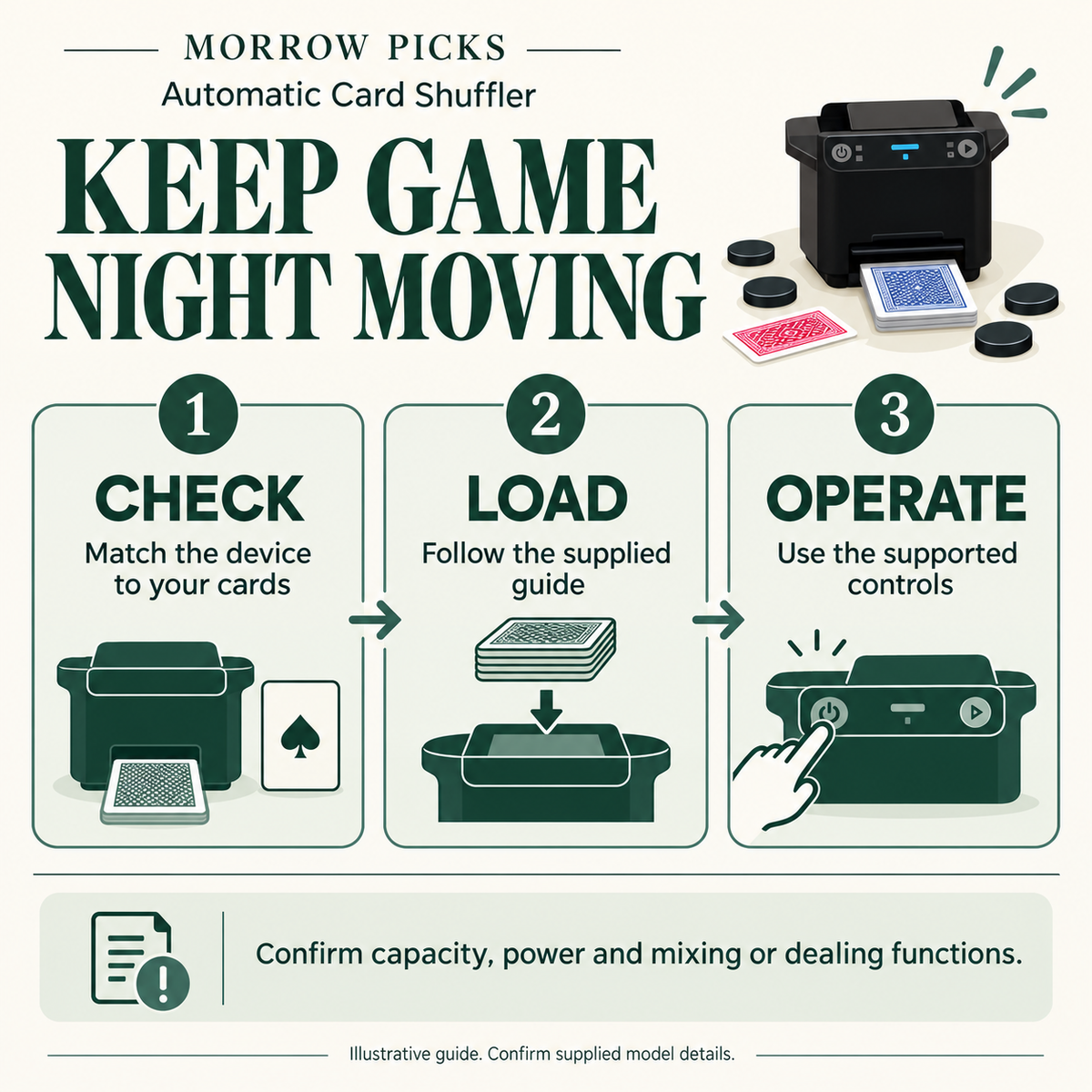 Automatic Card Shuffler visual guide: CHECK — Match the device to your cards; LOAD — Follow the supplied guide; OPERATE — Use the supported controls. Confirm capacity, power and mixing or dealing functions.