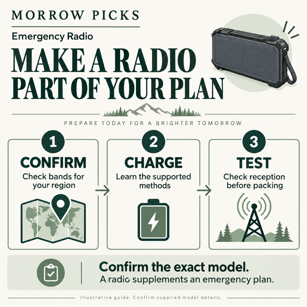 Emergency Radio visual guide: CONFIRM — Check bands for your region; CHARGE — Learn the supported methods; TEST — Check reception before packing. Confirm the exact model. A radio supplements an emergency plan.