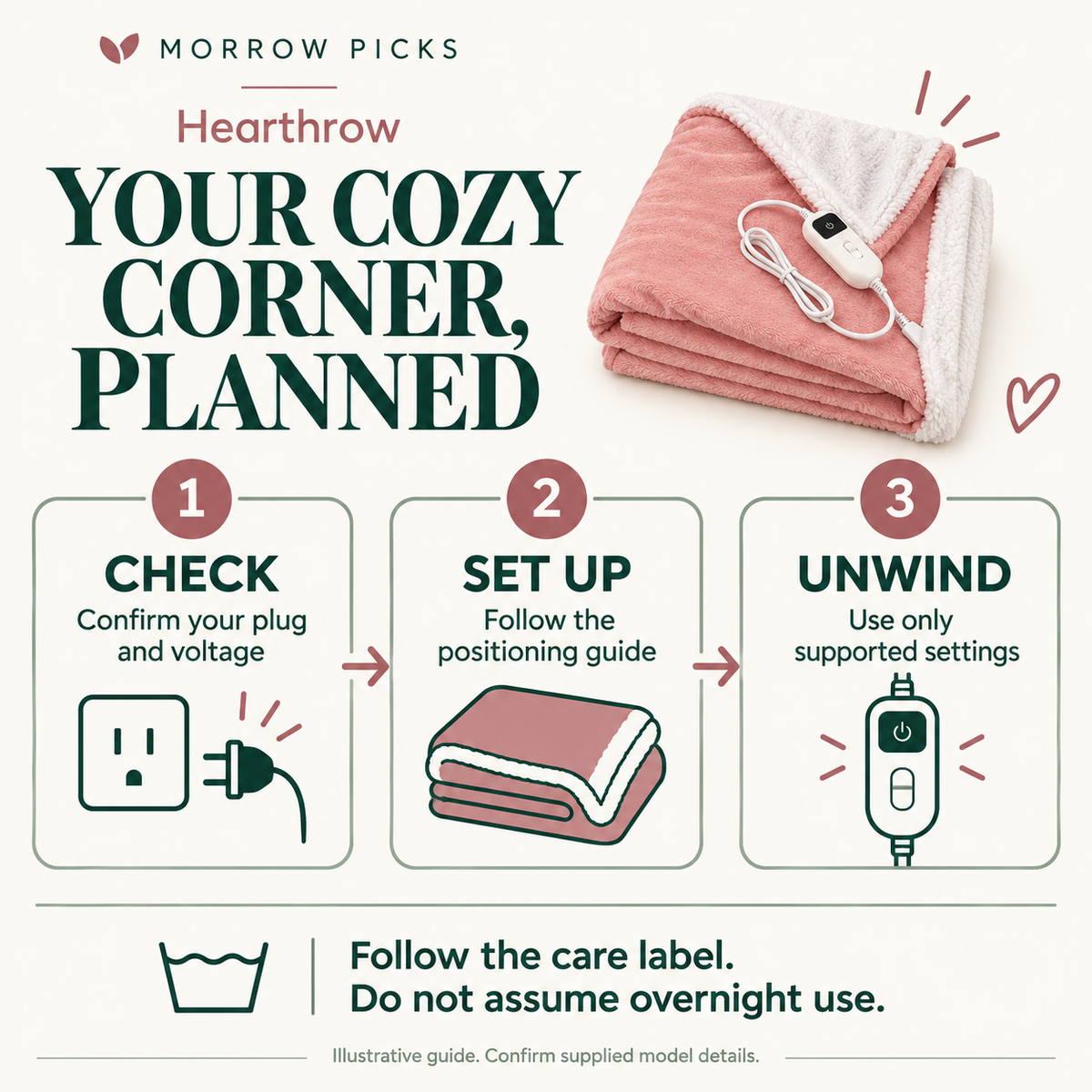 Hearthrow visual guide: CHECK — Confirm your plug and voltage; SET UP — Follow the positioning guide; UNWIND — Use only supported settings. Follow the care label. Do not assume overnight use.
