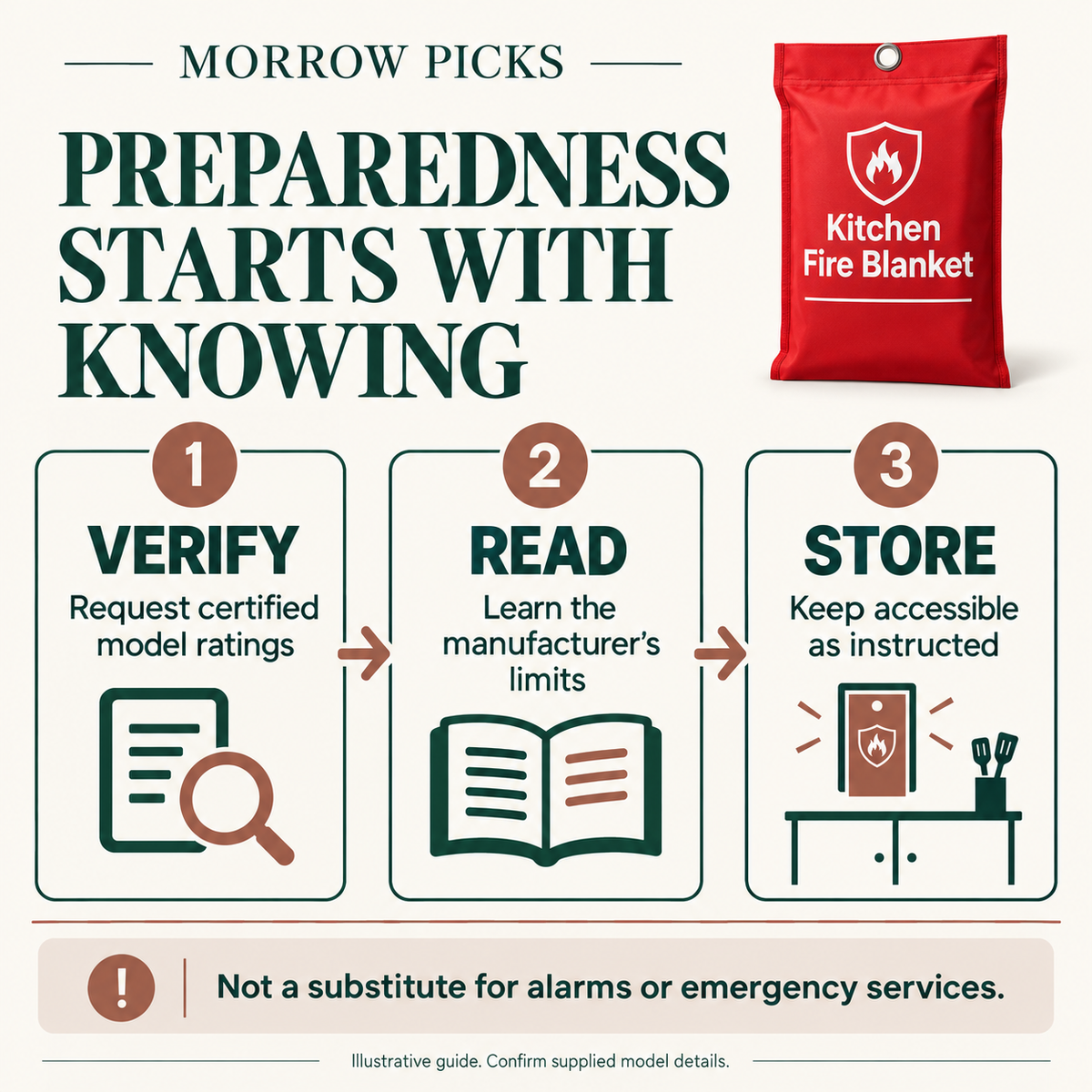 Kitchen Fire Blanket visual guide: VERIFY — Request certified model ratings; READ — Learn the manufacturer's limits; STORE — Keep accessible as instructed. Not a substitute for alarms or emergency services.