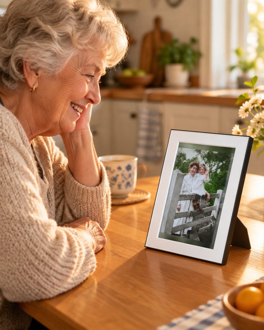 Grandmother smiling at a digital photo frame on her kitchen table showing a photo of her grandchildren
