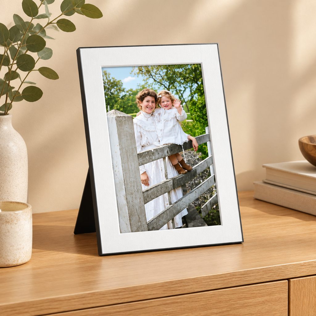 Kinframe digital photo frame on its stand showing a family photo