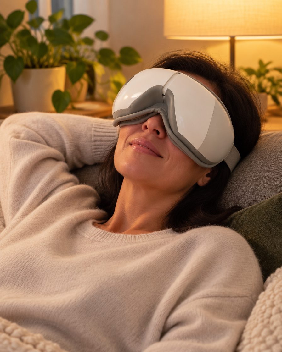 Woman relaxing on a sofa wearing a padded heated eye massager, headphones-free, soft evening light