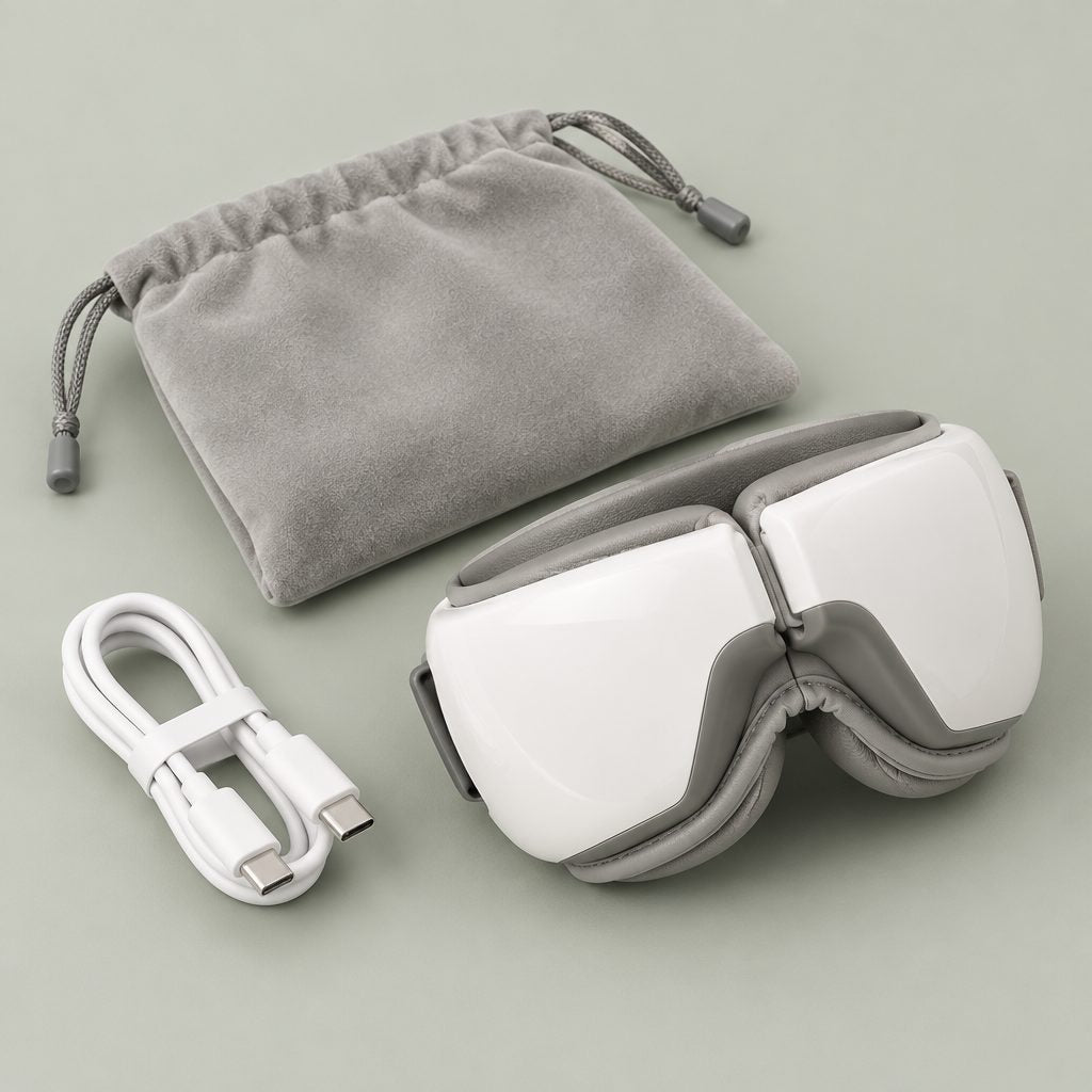 Lidrest eye massager folded beside its charging cable and pouch